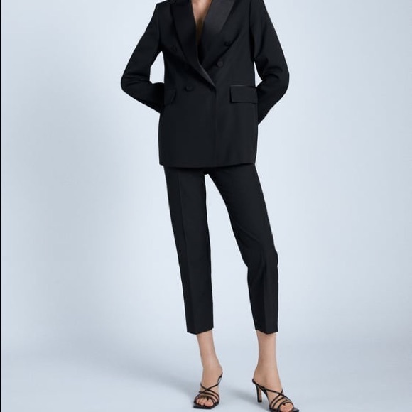 NWT Zara Size Small Black Tuxedo Pants With Contrasting Waist - Picture 3 of 6